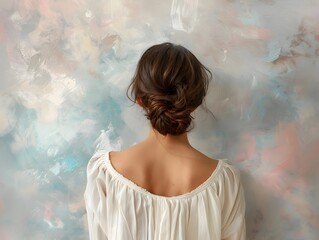 Stylish Female in Crisp White Top Ethereal Pastel Brushstrokes Portrait