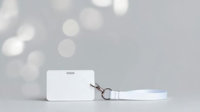 White lanyard and plastic badge with blank space mock up on grey background. Blank badge mockup