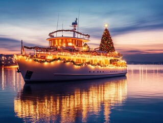 Obraz premium A beautifully decorated boat adorned with festive lights and a Christmas tree, reflecting in the calm waters during sunset.