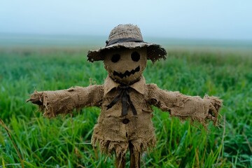 Obraz premium Old, weathered scarecrow in a misty field at dawn, with faded clothes and an eerie appearance, capturing the mysterious and haunting feel of scarecrows in rural settings, symbolizing solitude