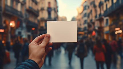 A hand holding a blank postcard with city background