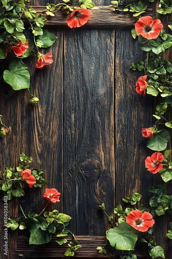 Poster Beautiful floral frame on rustic wood background creating a serene and natural atmosphere for your design needs