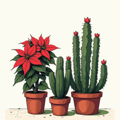 poinsettia and cactus Plant  vector illustration. Holiday Plant Lover Christmas greenery