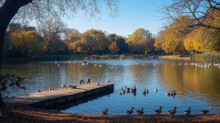 Peaceful Park with Lake and People Feeding Ducks by the Dock