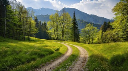 Obraz premium Serene Pathway Through Lush Green Forest Landscape