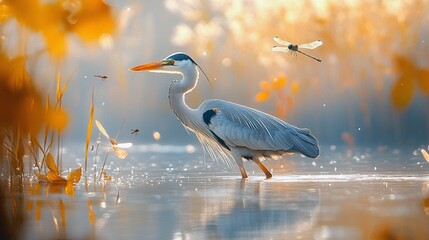Naklejka premium Herons Wading in Wetland with Cattails and Dragonflies