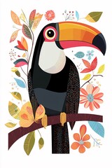 Naklejka premium A colorful toucan perched among vibrant leaves and flowers in a lush tropical scene