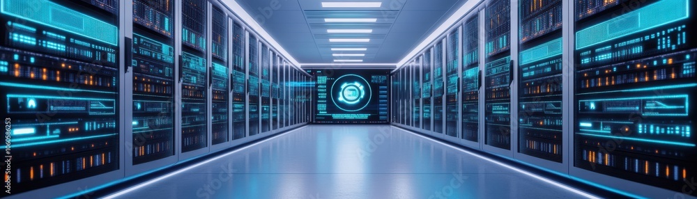 Poster a futuristic data center showcasing advanced server technology and vibrant blue lighting, creating a