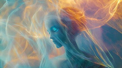 A goddess-like figure in flowing Art Nouveau attire, with a translucent, holographic veil trailing around her