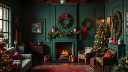 A cozy vintage Christmas room with a classic red and green color scheme, decorated with antique ornaments and a nostalgic fireplace, green, Christmas