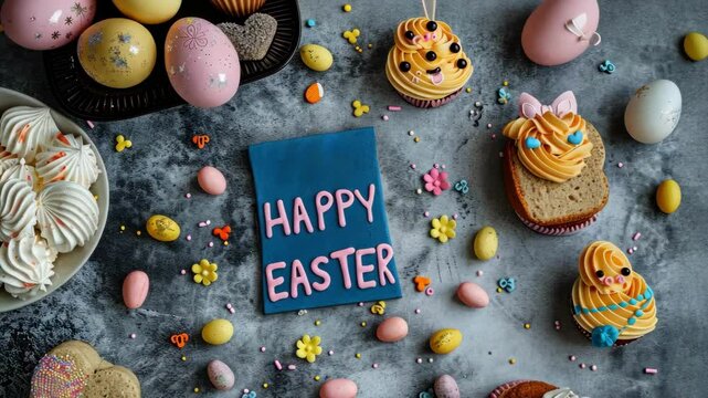 Delicious Easter Treats and Pastries on Dark Table with Happy Easter Card and Pastel Decorations