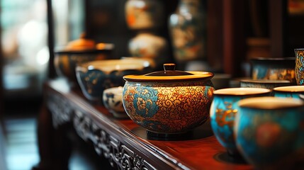 Colorful traditional bowls beautifully arranged on an antique wooden shelf.