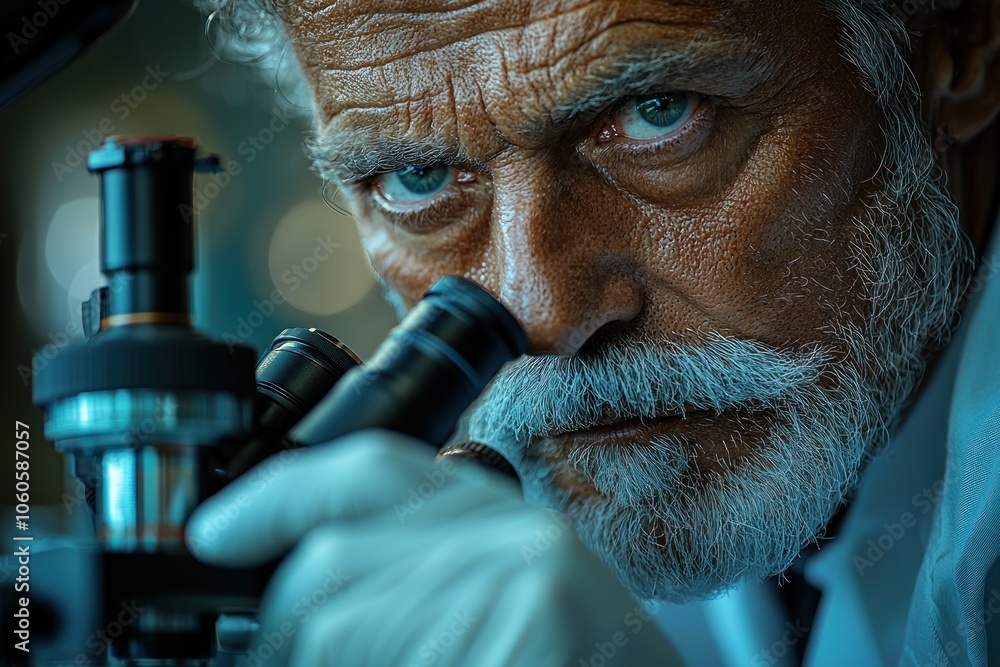 Poster Close-up of an Elderly Man's Face While Using a Microscope