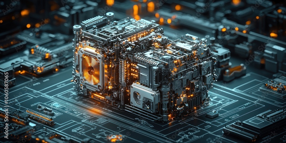 Poster a metallic cube with complex internal circuitry and glowing orange lights on a circuit board