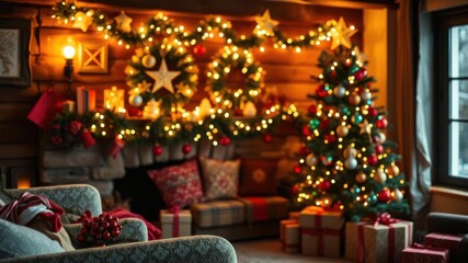 A festive Christmas tree with colorful decorations and twinkling lights in a cozy living room setting, warmth, pine