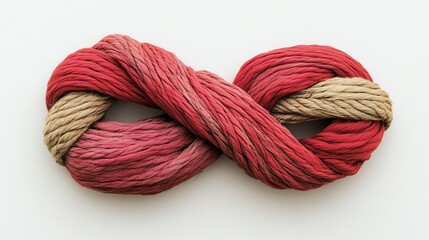 Colorful twisted yarn in red and beige on white background.