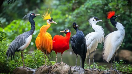Obraz premium Colorful vibrant birds standing together on rocks in a lush green environment.
