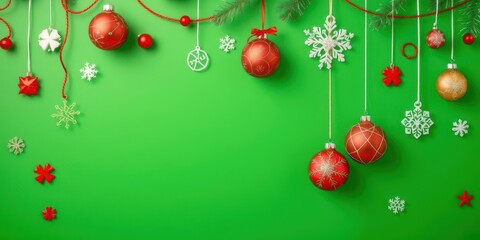 Naklejka premium A festive collection of hanging Christmas icons including snowflakes, candy canes, and gingerbread men, Christmas, traditional