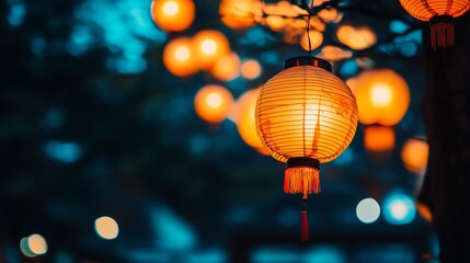 Obraz premium Decorative orange lanterns illuminate a serene evening, creating a festive atmosphere.