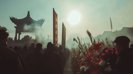 Crowd gathering with banners and flowers under a bright sun at a cultural event.