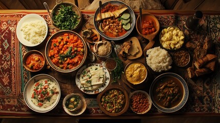 Delicious assortment of various dishes served on a wooden table, vibrant colors and fresh ingredients highlighted.