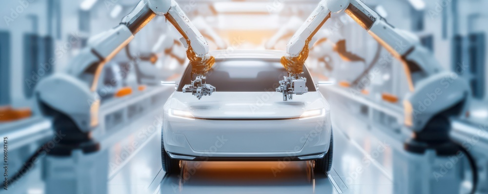 Poster a futuristic robotic assembly line with automated arms working on a sleek modern car, showcasing adv