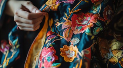 Detailed embroidery on fabric showcasing vibrant floral patterns with a person's hand gently holding the material.