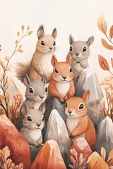 Naklejka premium Squirrels gather on rocky terrain amidst autumn flora for a charming woodland portrait