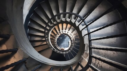 Fototapeta premium Stone spiral staircase with iron railing leading to a dim basement