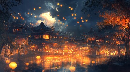 Fototapeta premium Enchanting night scene with glowing lanterns over tranquil waters and traditional architecture illuminated beautifully.