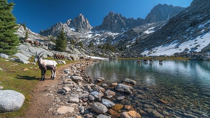 Rocky Mountain Trail to Clear Lake with Wild Goats and Snowy Peaks