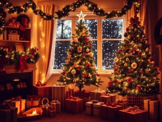Obraz premium Beautifully decorated Christmas tree with colorful ornaments and lights, surrounded by gift boxes, indoor, decor
