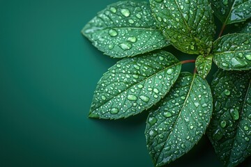Fototapeta premium Dew-Covered Green Leaves on a Dark Green Background