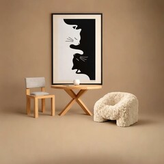 a black and white drawing of two cats looking at each other with framed art and chair and wood table with vase and flowers, in front of a natural beige background on circular platforms