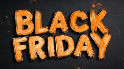 Black Friday promotional text painted in bold orange on a black background creating an eye-catching retail marketing message for shoppers