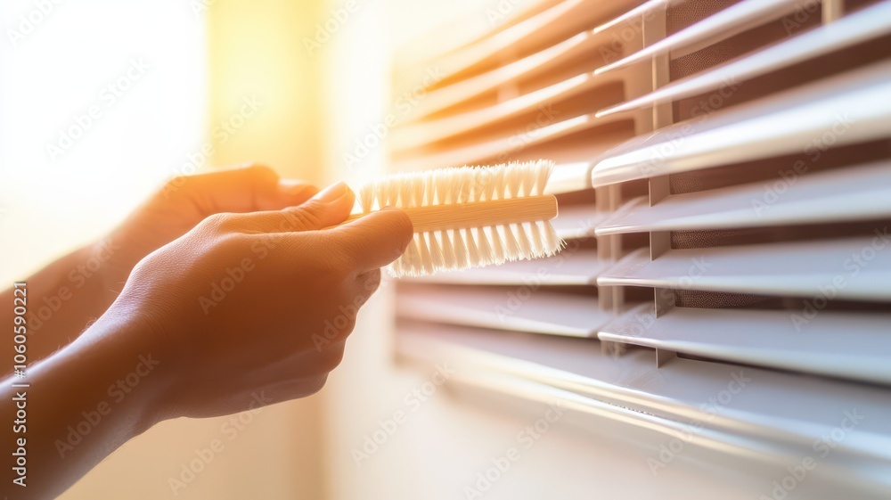 Aufkleber A close-up view of hands adjusting window blinds with soft sunlight illuminating the scene, creating a tranquil atmosphere.