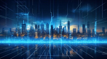 Futuristic Cityscape with Digital Elements at Night