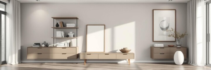 Modern gray living room and kitchen with a sleek poster and cabinet, storage, monochromatic, interior design