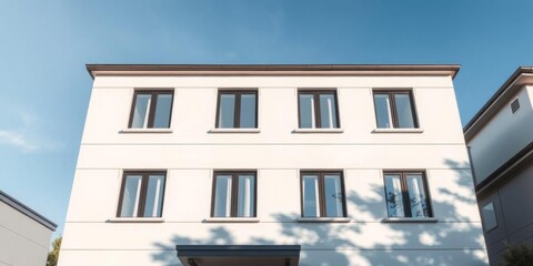 Obraz premium Modern house exterior with sleek lines and large windows, set against a vivid blue sky, facade, shadows, luxury