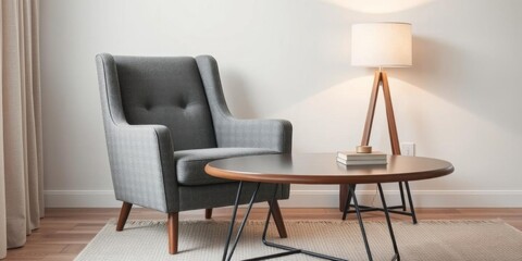 Modern living room interior with a stylish grey armchair, table, and lamp, table, interior, design