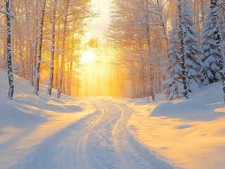 Naklejka premium Frosty morning with a snowcovered field, golden sunlight breaking through the trees. 8k, in focus, realistic texture, copy space for text