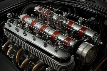 Fototapeta premium Close-up of a Polished and Detailed Classic Car Engine