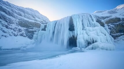 Frozen waterfall cascading down a mountainside, stunning winter landscape. 8k, in focus, realistic texture, copy space for text