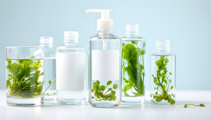 A set of transparent glassware filled with green seaweed and water. Cosmetic bottle in pastel color with empty label is featured. Research science content isolated with white highlights, png