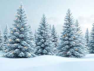 Obraz premium Snowcovered evergreen trees with twinkling lights, festive winter scene. 8k, in focus, realistic texture, copy space for text