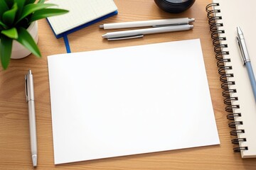 Modern workspace with blank sketchpad, pens, and notebook for creative design and productivity.