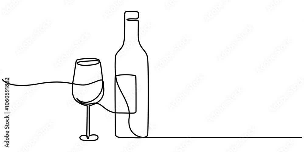 Poster wine bottle and wine glass drawing with one continuous line. one continuous line of a bottle and win