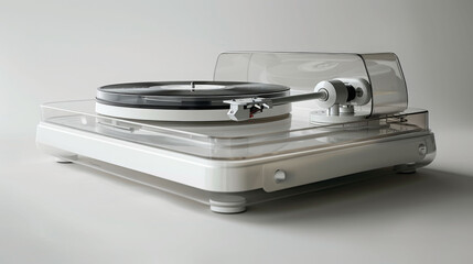 sleek and modern vinyl player with transparent cover, showcasing its elegant design and functionality. This futuristic turntable is perfect for music enthusiasts