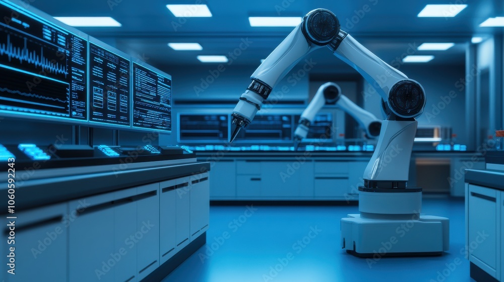 Poster a modern robotic arm in a high-tech laboratory, showcasing advanced technology and automation in a b