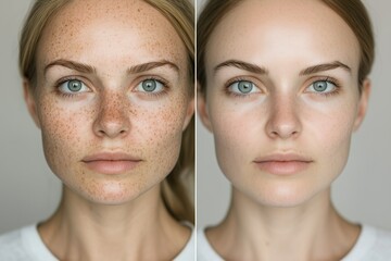 Before and after selfie, a comparison of age spots removal. Laser treatment effects on age spots on woman's face - skincare transformation	